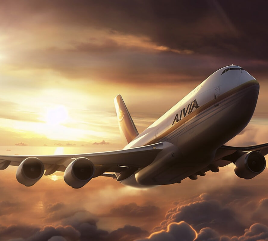 Самолёт в небе на фоне заката